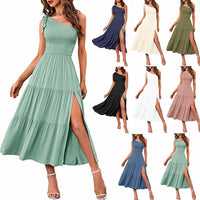 Elegant One-Shoulder Pleated Dress with Flirty Split Hem – Summer Chic