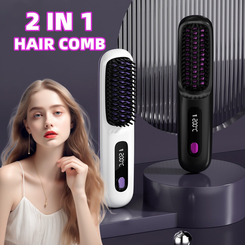 2-in-1 Cordless Hair Straightening Comb – Fast-Heating USB Rechargeable Brush