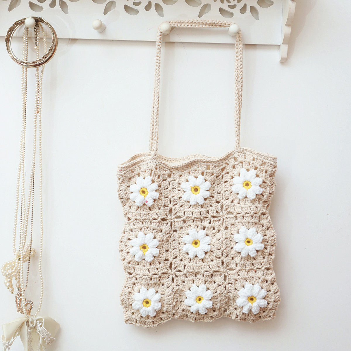 Hand-Hooked Floral Wool Tote – Crochet Shoulder Bag for Beach & Summer