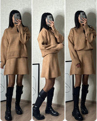 Elegant Women's Knit 2-Piece Set: Cozy Long Sleeve Pullover & High Waist Mini Skirt