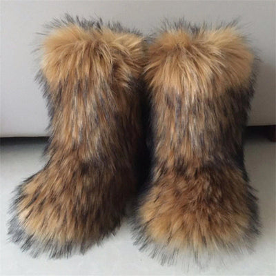 Cozy Raccoon Dog Fox Fur Snow Boots - Warm Winter Footwear for Women