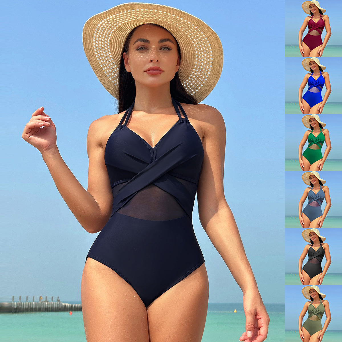 Elegant Halter-Neck Cross-Strap Swimsuit – Modest & Stylish Beachwear