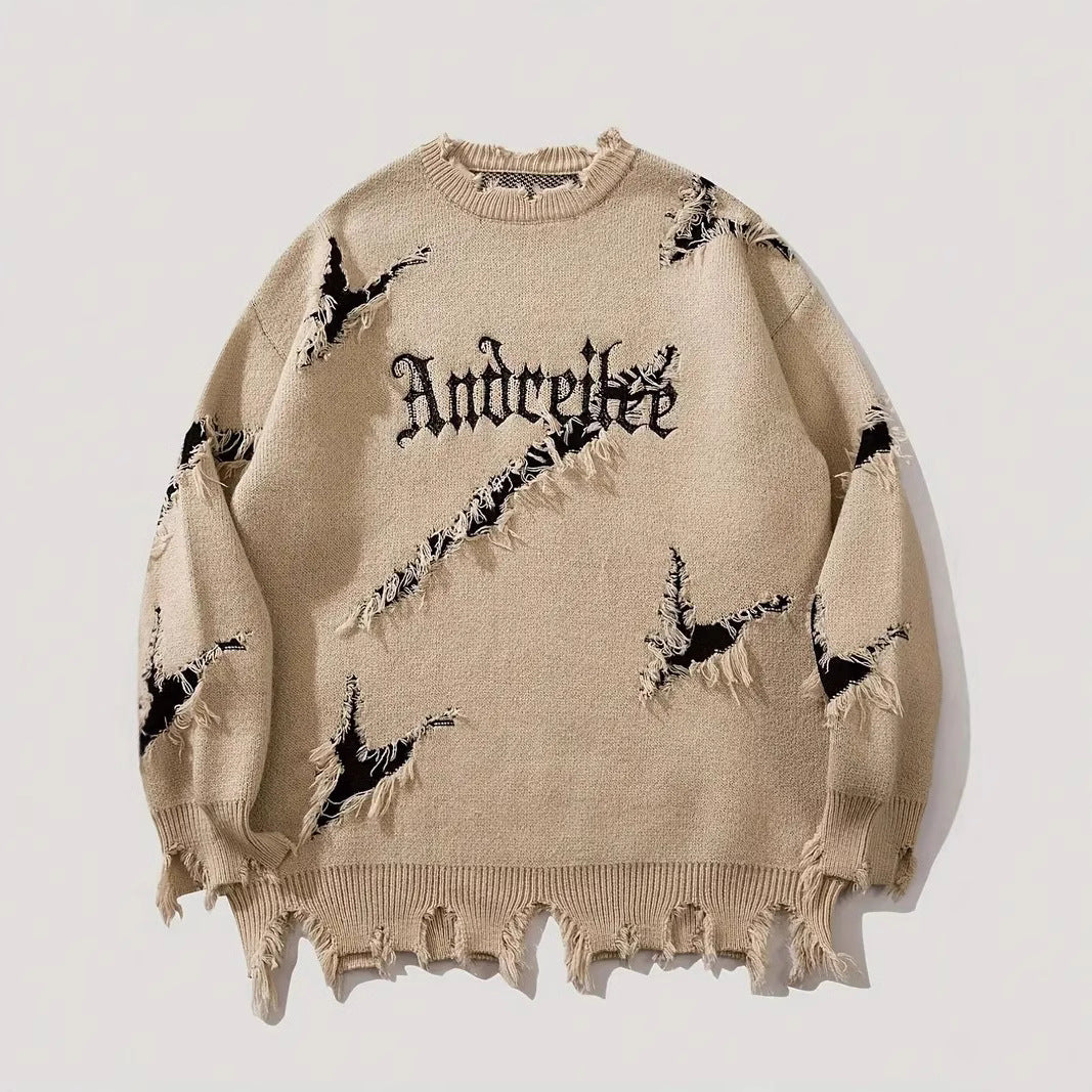 Vintage Loose Fit Sweater - Distressed Jacquard Pullover for Men & Women