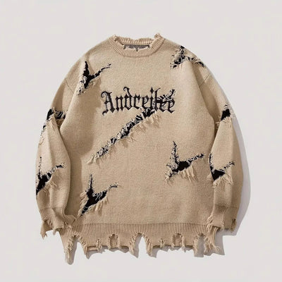 Vintage Loose Fit Sweater - Distressed Jacquard Pullover for Men & Women