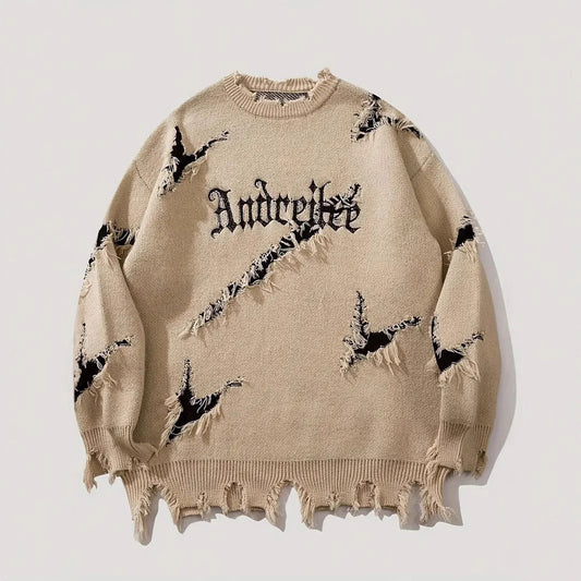 New Personality Street Jacquard Ripped Frayed Vintage Loose Sweater What Else You Got?