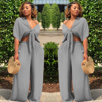 Women's Relaxed-Fit Deep-V Top & Wide-Leg Pants Set – Two-Piece Comfort Outfit