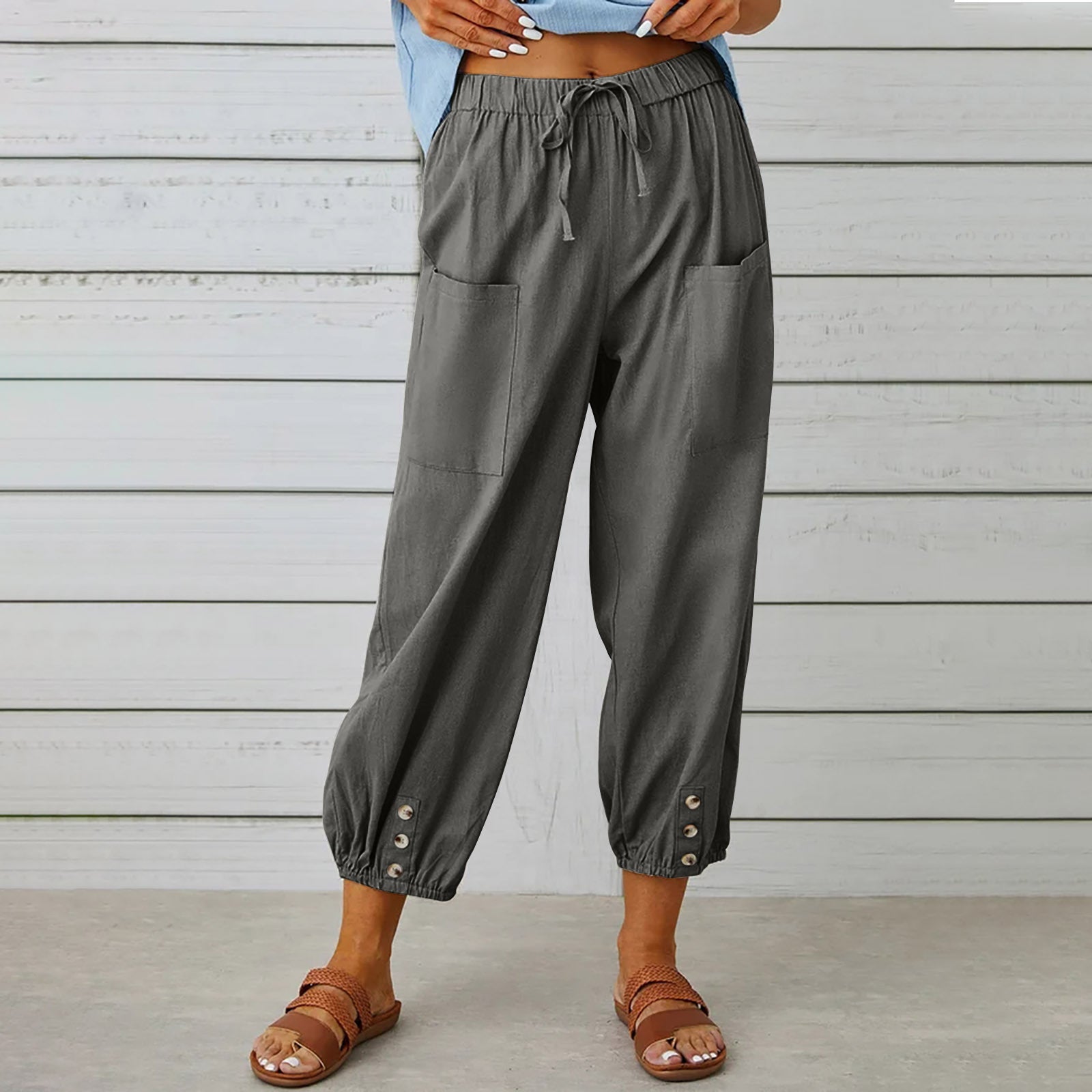 Women Drawstring Tie Pants Spring Summer Cotton And Linen Trousers With Pockets Button What Else You Got?