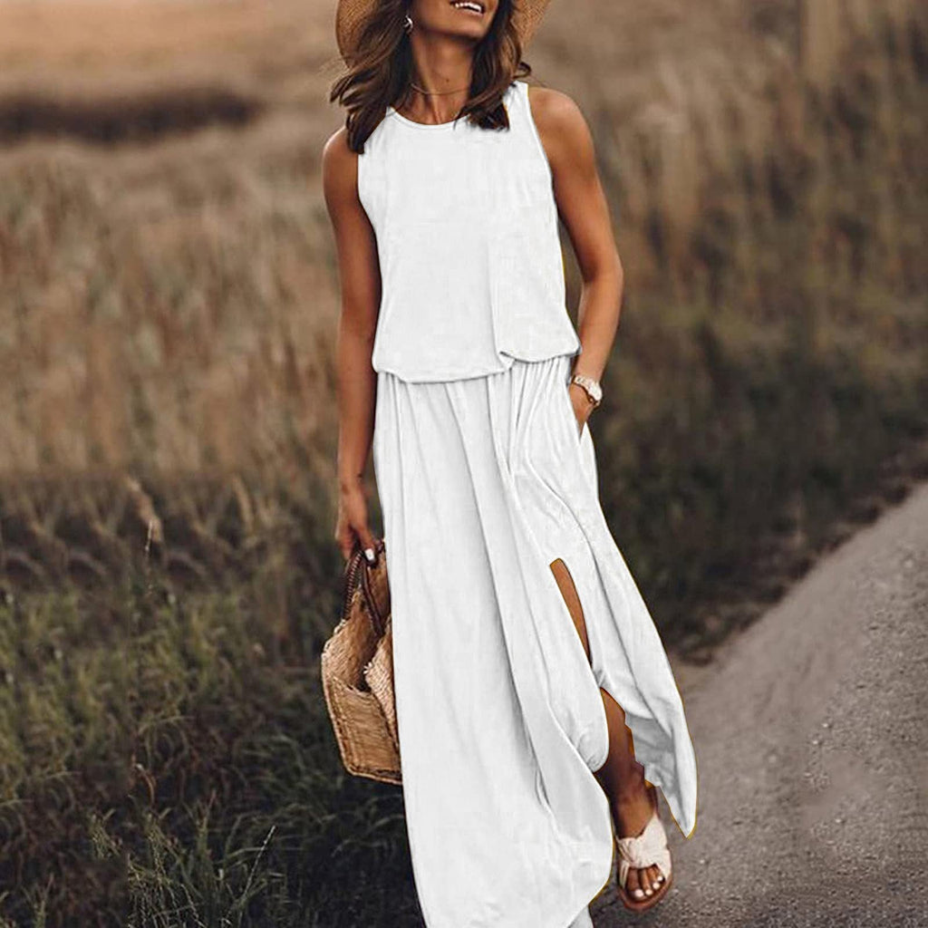 Women Summer Dresses Fashion Side Slit Long Dress With Pockets Vestidos Solid Casual O-Neck Sleeveless A-Line Sundress For Holiday What Else You Got?