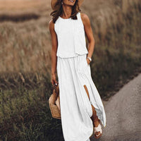 Elegant Women's Summer Dresses - Side Slit A-Line Sundress with Pockets (Solid Casual O-Neck Sleeveless)
