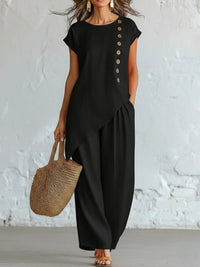 Elegant Women's Two-Piece Crewneck Button-Up & Wide-Leg Pants Set – Casual Chic Outfit