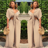 Women's Relaxed-Fit Deep-V Top & Wide-Leg Pants Set – Two-Piece Comfort Outfit