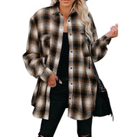 Women's Spring Flannel Shirt | Loose Fit Plaid Blouse with Turndown Collar | Mid-Length Overshirt - Multiple Colors