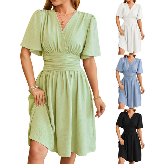 V-neck Short-sleeved Dress Fashion Bell-sleeved Dress Summer Womens Clothing What Else You Got?