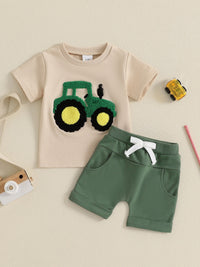 Cute & Comfortable Toddler Boys Summer Outfit with Truck Embroidery - Round Neck Tee & Shorts Set