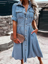 Elegant Women's Denim Dress - Summer Chic Lapel Slim-Fit with Short Sleeves