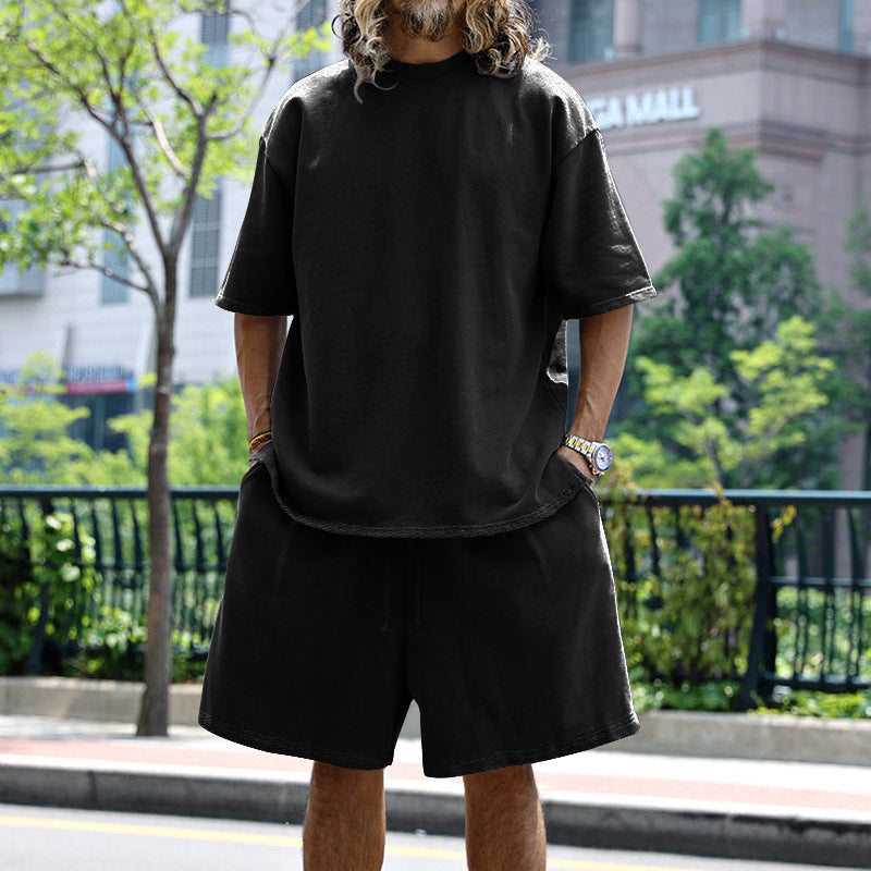2pcs Loose Sports Suits Summer Round Neck Short-sleeved T-shirt And Drawstring Pockets Shorts Casual Solid Color Set Mens Clothing What Else You Got?