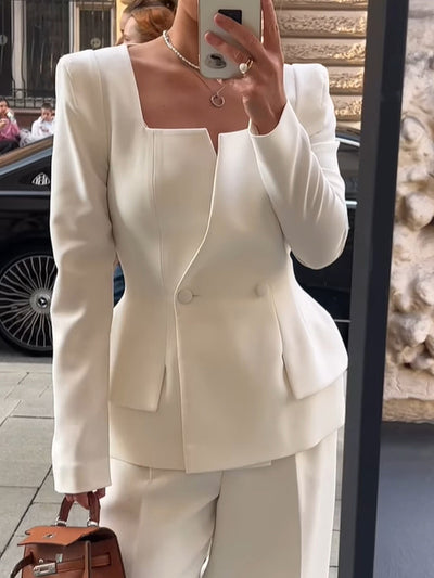 Women's Square Collar Blazer – Two-Button Solid Color Tailored Jacket