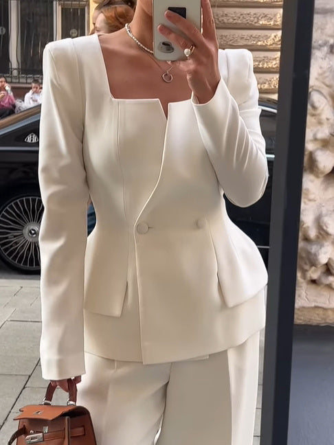 Women's Square Collar Blazer – Two-Button Solid Color Tailored Jacket
