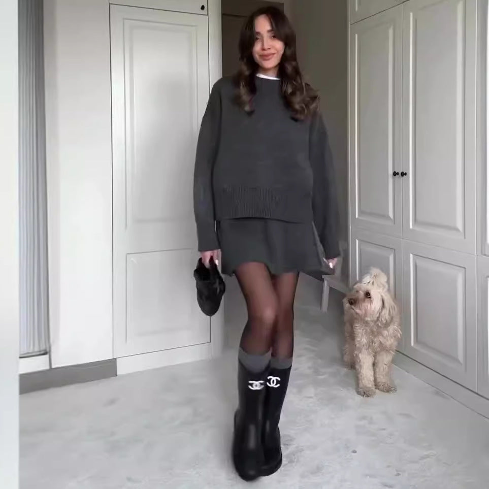 Sweater Skirt Sets For Women 2 Pieces Knit Casual Versatile Long Sleeve Pullover Elegant Solid High Waist Mini Skirt Outfit What Else You Got?