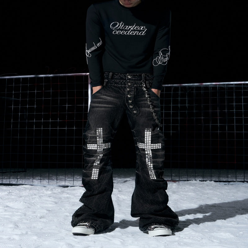Men's Rhinestone Double-Waist Jeans – Distressed Streetwear Denim