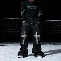 Mens Cross-Design Rhinestone-Embellished Double-Waist Button Denim Jeans