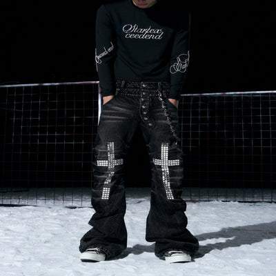 Men's Rhinestone Double-Waist Jeans – Distressed Streetwear Denim