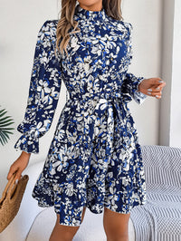 Elegant Floral Print A-Line Midi Dress with Standing Collar & Long Sleeves – Romantic & Flattering