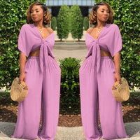 Women's Relaxed-Fit Deep-V Top & Wide-Leg Pants Set – Two-Piece Comfort Outfit