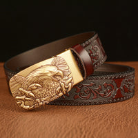 Men's Personalized Eagle Carved Leather Belt with Automatic Buckle - Strong & Stylish