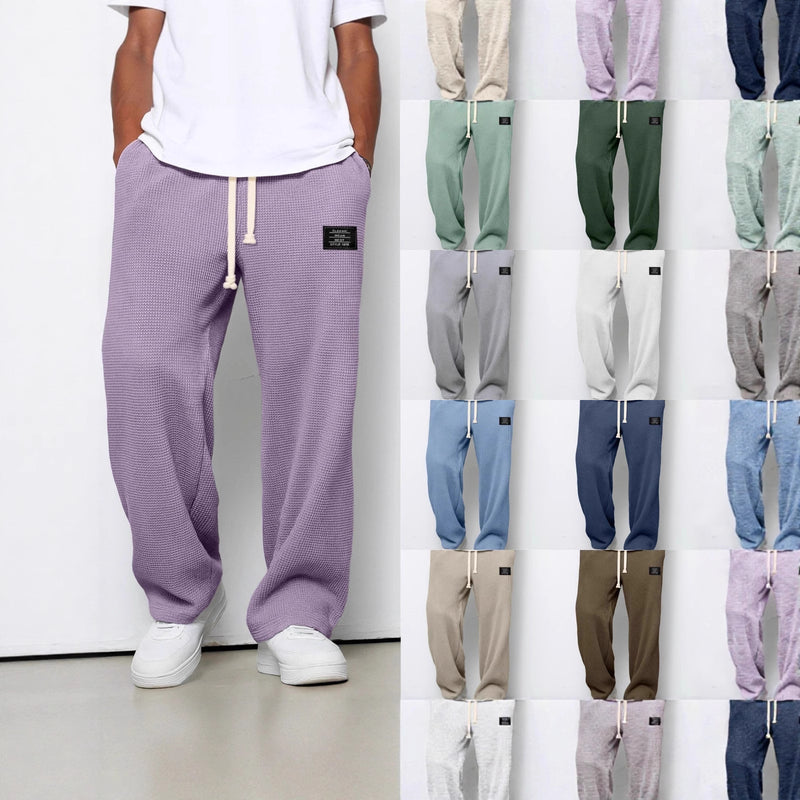 Cozy & Stylish Waffle Knit Men's Casual Pants with Drawstring & Pockets - Breathable, Loose Fit Trousers for All-Day Comfort
