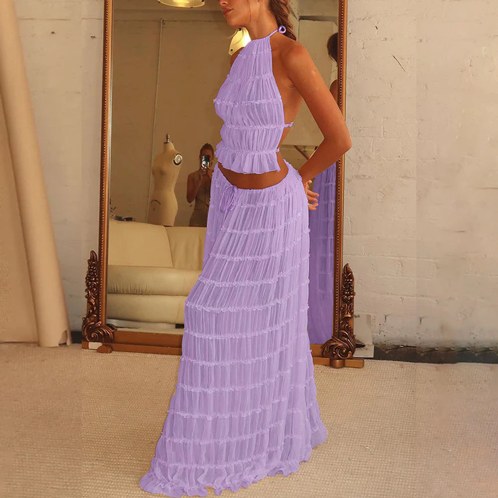 2pcs Women's Dress Suit Sexy Sleeveless Backless Cropped Halter Top And Pleated Long Skirt Beach Clothing What Else You Got?