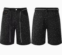 Straight-leg Rhinestone-studded Denim Shorts