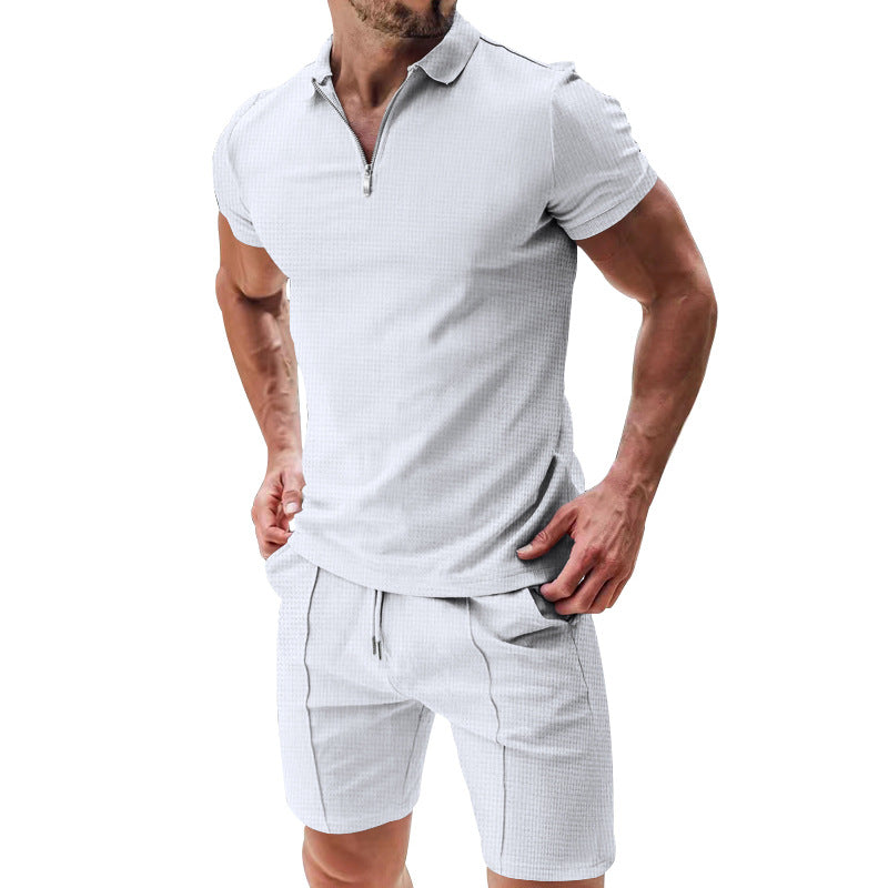 2Pcs Casual Waffle Suit Summer Zipper Lapel Short-sleeved Top And Drawstring Pockets Shorts Versatile Solid Color T-shirt Set For Mens Clothing What Else You Got?