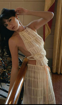 Elegant 2-Piece Halter Top & Pleated Long Skirt Beach Set - Summer Fashion for Women
