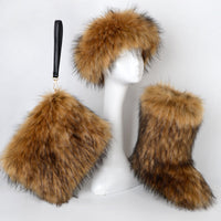 Luxurious Velvet Padded Plus Size Fox Fur Snow Boots Set with Hat & Bag - Warm Winter Fashion for Women