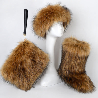 Luxurious Velvet Padded Plus Size Fox Fur Snow Boots Set with Hat & Bag - Warm Winter Fashion for Women