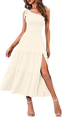 Elegant One-Shoulder Pleated Dress with Flirty Split Hem – Summer Chic