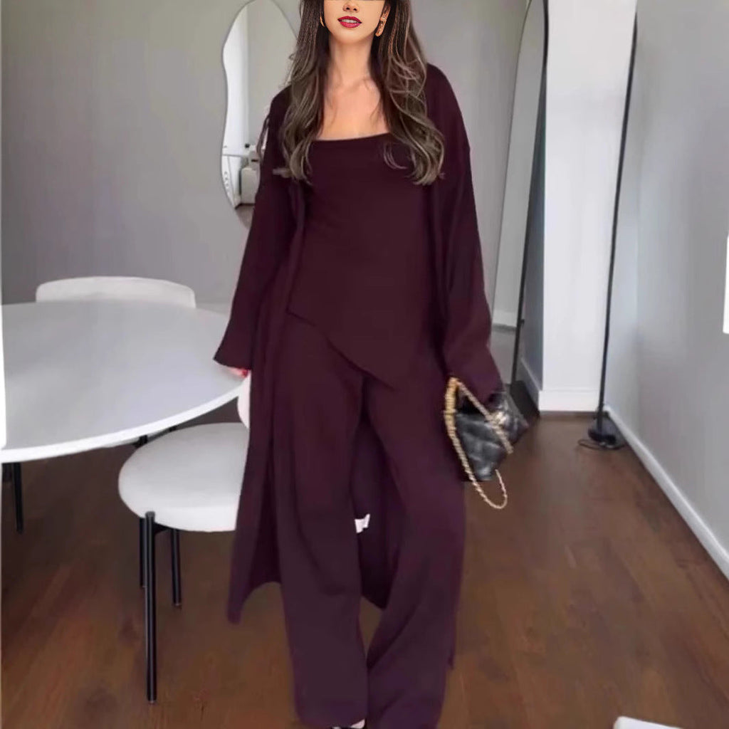 New Style Casual Solid Color Knitted Three-Piece Set Loose Long Coat And Wide-Leg Pants For Women What Else You Got?