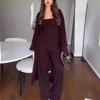 Elegant 3-Piece Modest Knit Set: Chic Cotton Coat & Wide-Leg Pants (Khaki, Gray, Red)