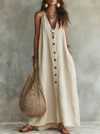 Women's Lightweight Cotton-Linen Maxi Dress – Effortless Summer Style with Button Front