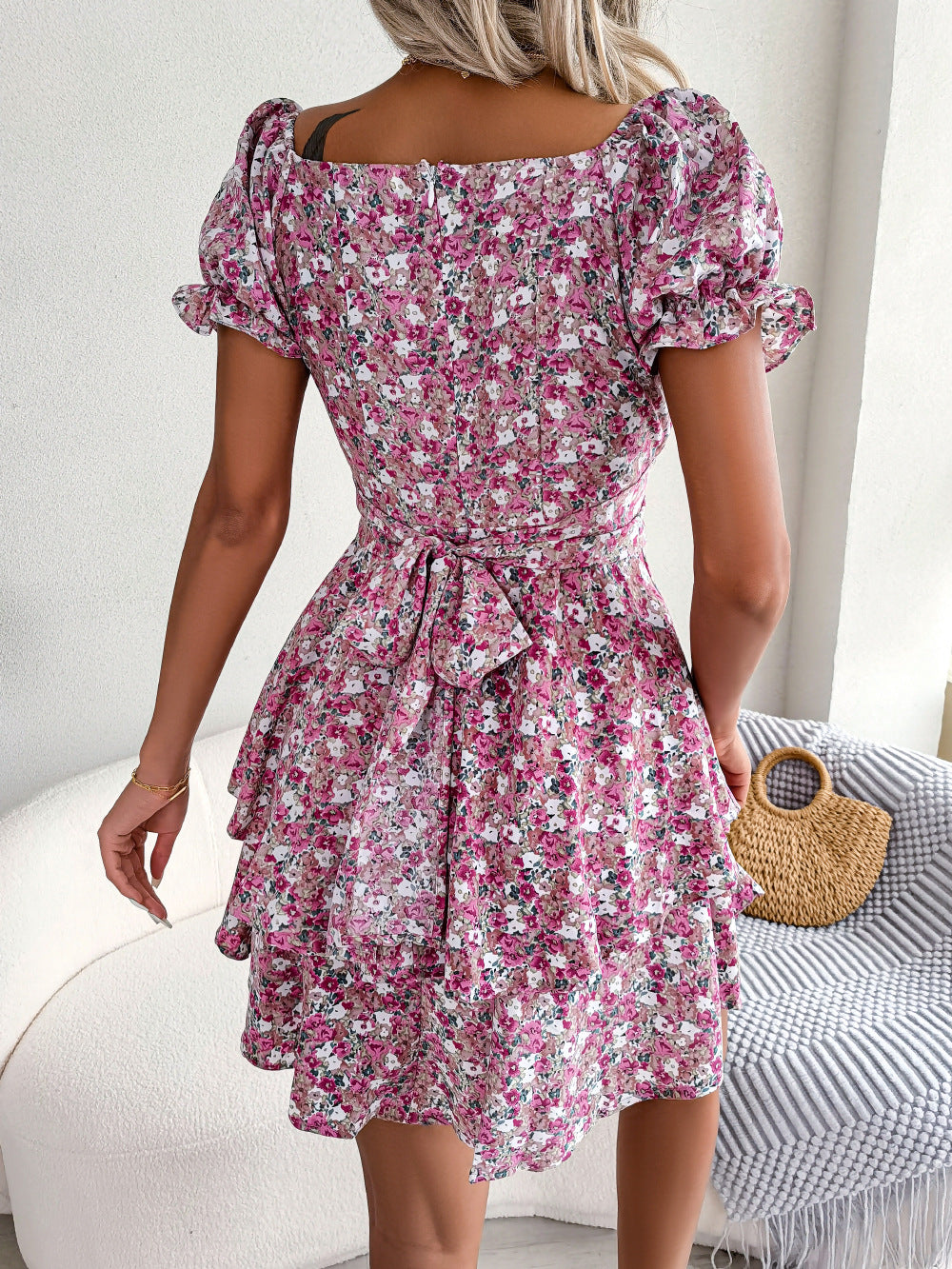 Women Mini Dress Temperament Big Swing Loose Hem Flower Print Shirring Dress Up Short Sleeves High Waist Summer Dress Clothes What Else You Got?