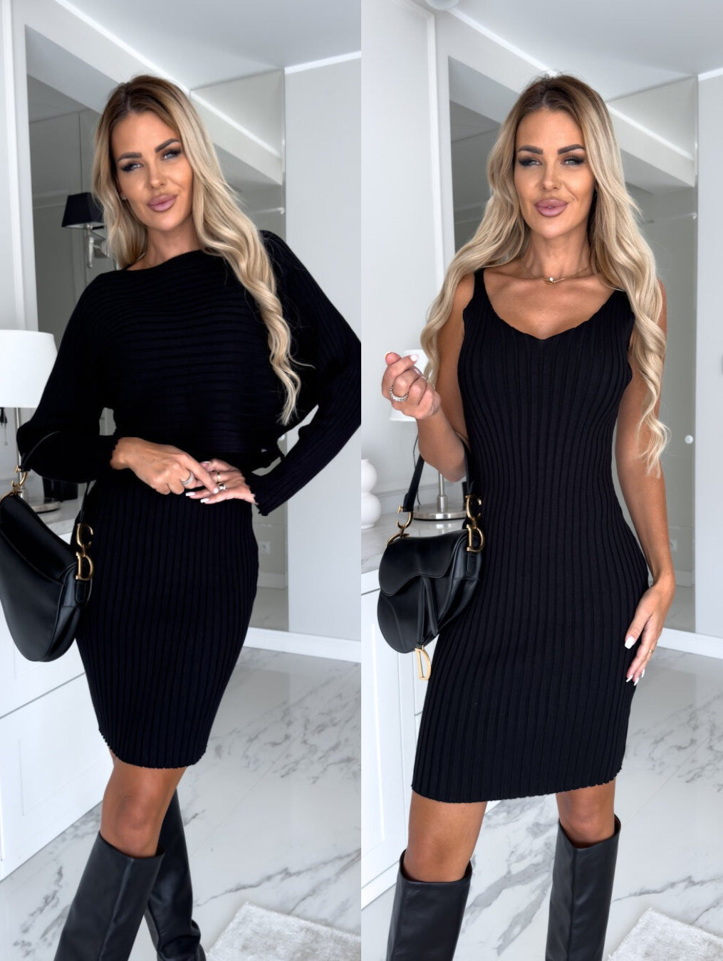 2pcs Suit Women's Solid Stripe Long-sleeved Top And Tight Suspender Skirt Fashion Autumn Winter Slim Clothing What Else You Got?