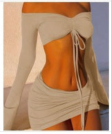 Drawstring Drop Ruched Off Shoulder Two-piece Skirt Set Y2K Long Sleeve Top & Bodycon Skirt Outfits Women's Clothing What Else You Got?