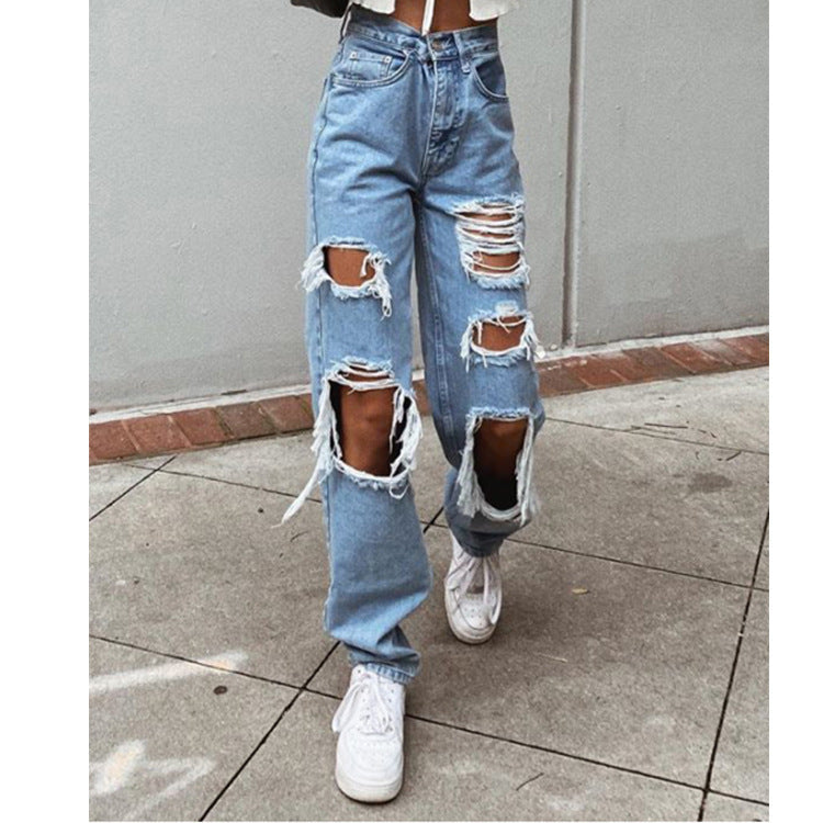 Women's American Retro Hole-punched Jeans Women High Waist Straight-crotch Loose Slim Design High-street Vibe Wide-legged Dragging Pants What Else You Got?