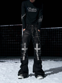 Mens Cross-Design Rhinestone-Embellished Double-Waist Button Denim Jeans