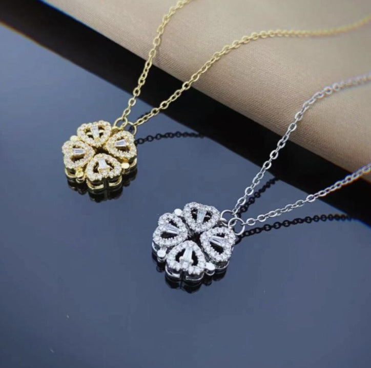 Retro Magnetic Folding Heart & Four‑Leaf Clover Pendant Necklace – 4‑in‑1 Openable Love Pendant Clavicle Chain What Else You Got?