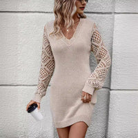 Women’s V-Neck Knit Dress – Slim-Fit Long-Sleeve Viscose Blend Dress