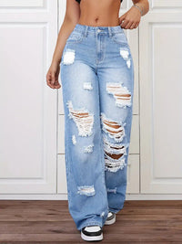 Stylish Washed Ripped Straight Jeans - High-Rise Denim for Women