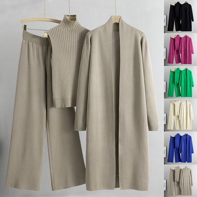 Women’s 3-Piece Knitted Set – Sleeveless Vest, Cardigan & Wide-Leg Pants