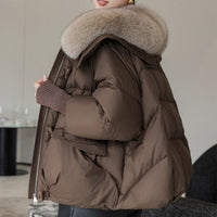 Women's Short Fur Collar Puffer Jacket - Warm Winter Coat with Faux Fur Trim